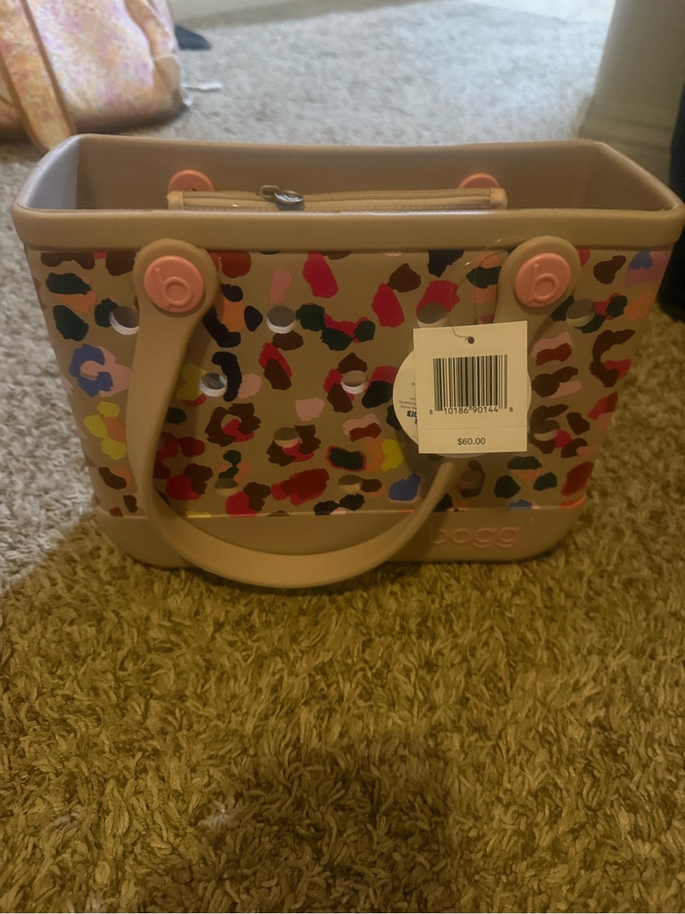 BOGG BAG Beige Mini Tote with Multicolor Leopard Spots